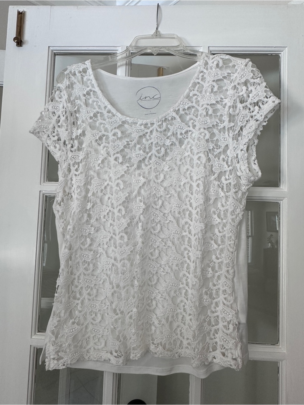 INC International Concepts White Lace Overlay Scoop Neck Top